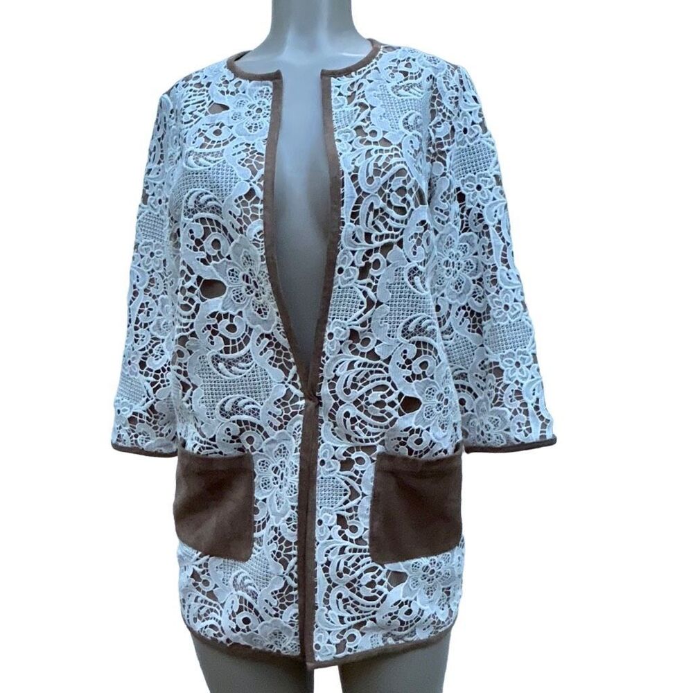 Chico's Blazer Women's Size 0 (S) Brown & Cream Lace Open Front Suit New